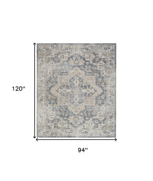 Homeroots 8' X 10' Gray And Blue Oriental Power Loom Washable Area Rug  Polyester 521777