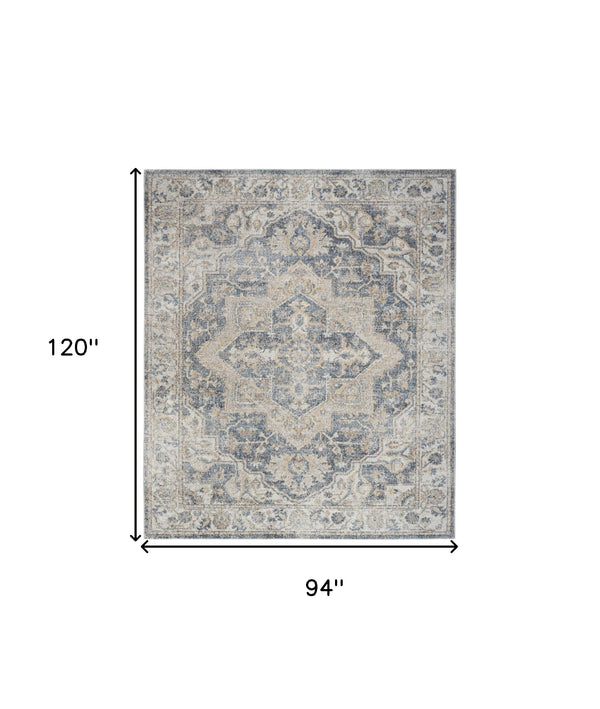 Homeroots 8' X 10' Gray And Blue Oriental Power Loom Washable Area Rug  Polyester 521777