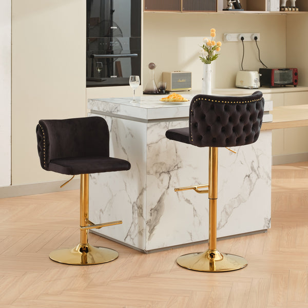 English Elm A&A Velvet Tufted Swivel Barstool with Ergonomic Back and Gold-Plated 17.7" Base, Set of 2 Black W1143P204044