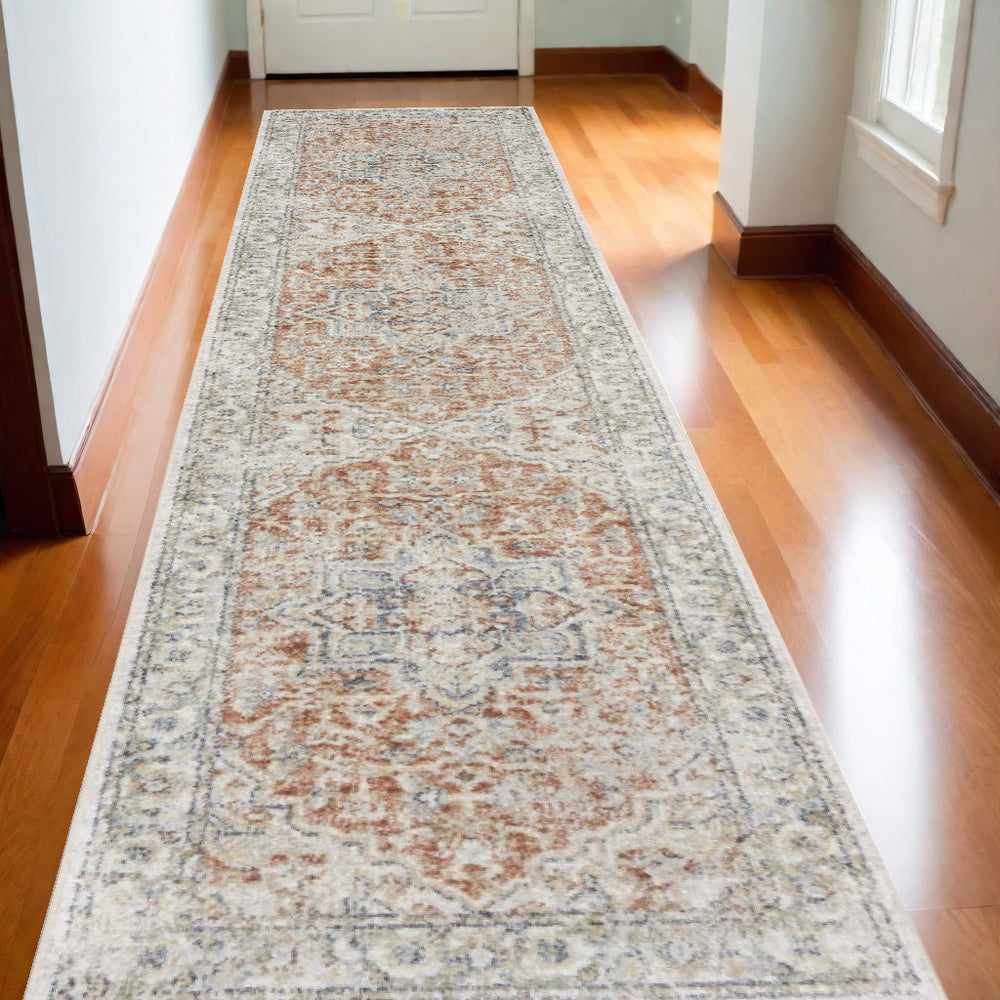 Homeroots 12' Gold And Ivory Oriental Washable Runner Rug | Durable, Stylish Accent For Any Space  Polyester 521797