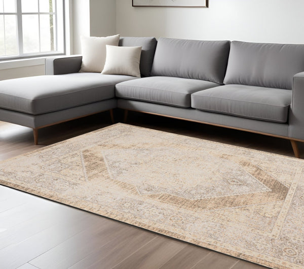 HomeRoots 8' Timeless Beige Oriental Power Loom Area Rug - Stylish, Durable, Washable for Any Room Decor 7' X 9' 521805