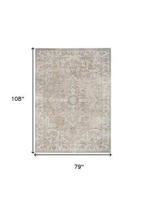 Homeroots 7' X 9' Beige Oriental Power Loom Washable Area Rug  Polyester 521805