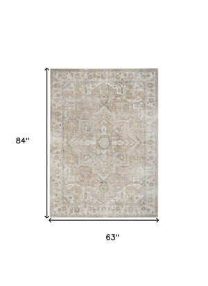 Homeroots 5' X 7' Beige Oriental Power Loom Washable Area Rug  Polyester 521806