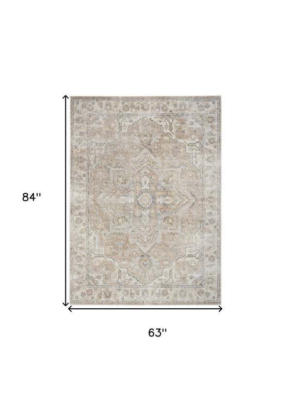 Homeroots 5' X 7' Beige Oriental Power Loom Washable Area Rug  Polyester 521806
