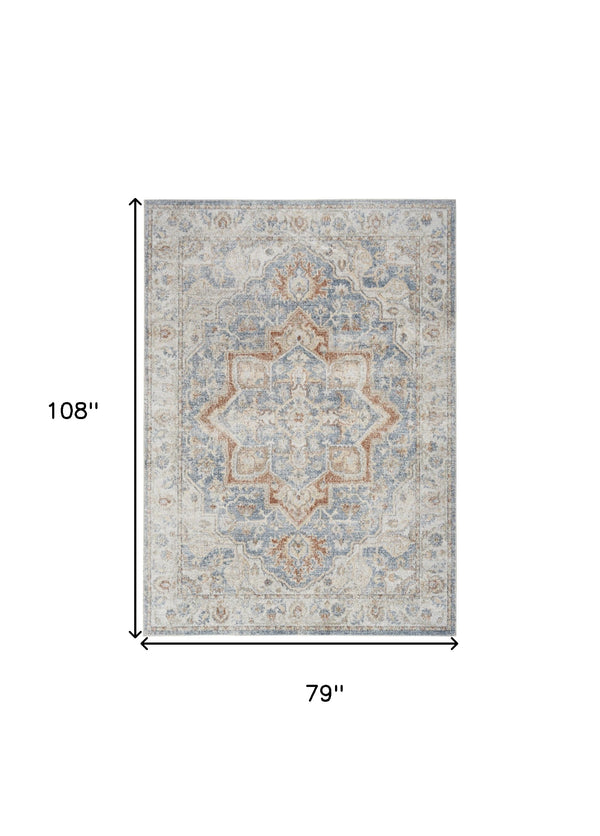 Homeroots 7' X 9' Denim Blue Oriental Power Loom Washable Area Rug  Polyester 521807
