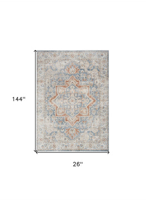 Homeroots 12' Denim Blue Oriental Runner Rug - Stylish Power Loom Washable Design For Home Decor & Walkways  Polyester 521814