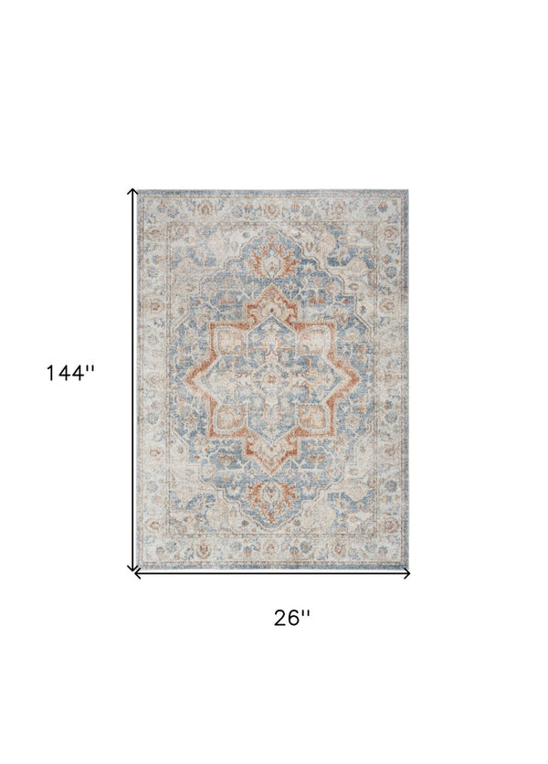 Homeroots 12' Denim Blue Oriental Runner Rug - Stylish Power Loom Washable Design For Home Decor & Walkways  Polyester 521814
