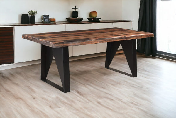 Homeroots 80" Dark Brown And Black Solid Wood And Metal Sled Base Dining Table   521823