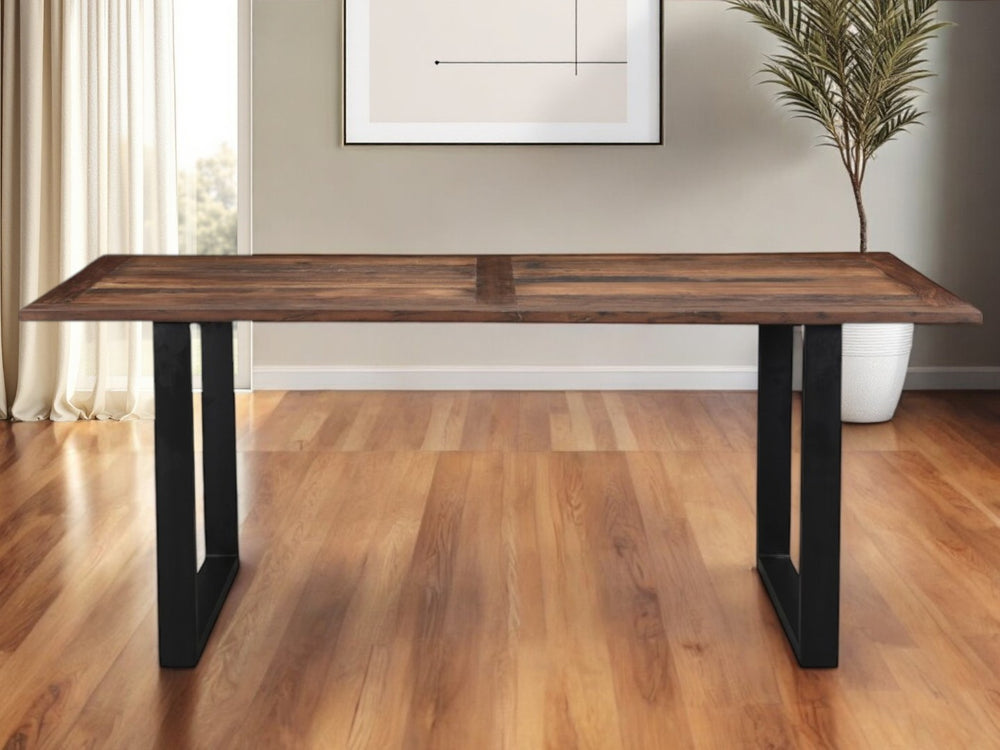 HomeRoots 78" Rustic Farmhouse Solid Wood Dining Table with Black Metal Sled Base - Seats 6 Comfortably! 521831