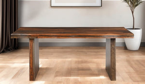 HomeRoots 74" Dark Brown Solid Wood Dining Table - Modern Rustic Design, Seats 6, Durable Double Pedestal Base 521832