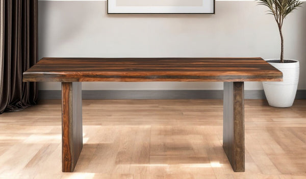 HomeRoots 74" Dark Brown Solid Wood Dining Table - Modern Rustic Design, Seats 6, Durable Double Pedestal Base 521832