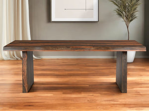HomeRoots 86" Dark Brown Solid Wood Dining Table - Elegant Centerpiece with Double Pedestal Base for 8 Guests 521833