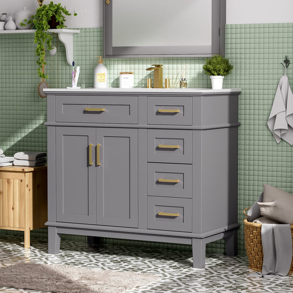 English Elm 36" Gray Modern Bathroom Vanity with Ceramic Sink, Solid Wood Frame, Soft-Close Doors & 4 Drawers N729P253935E