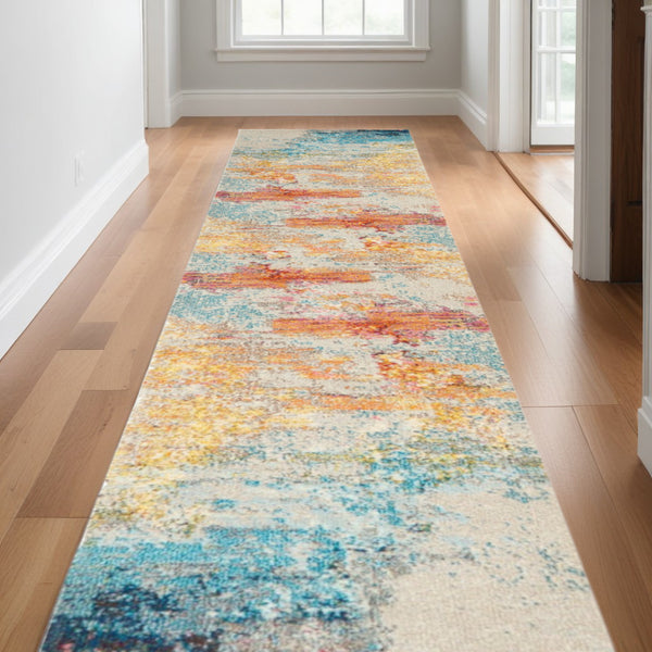 Homeroots 10' Runner Blue And Gray Abstract Power Loom Runner Rug  Polypropylene 521897