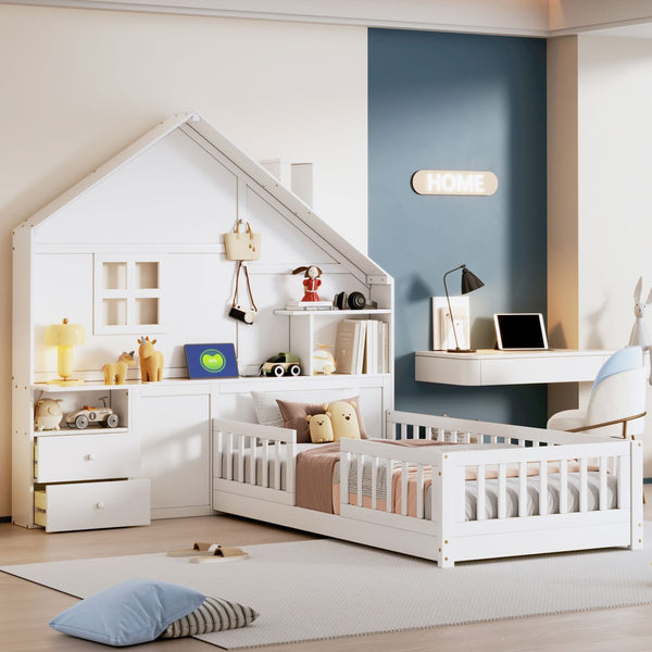 English Elm Twin House Bed Frame with Drawers Shelves and Usb Charging for Kids Bedroom LT000422AAK-1
