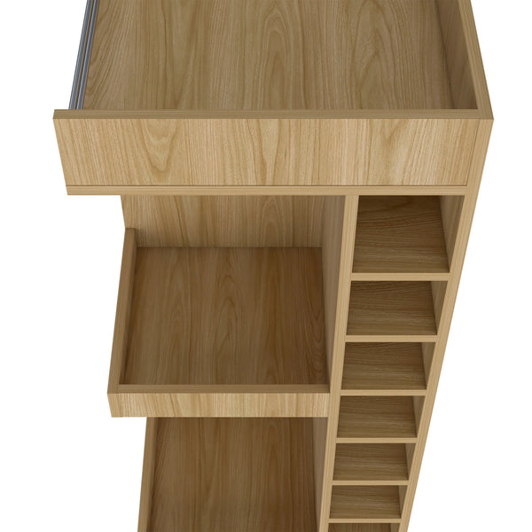 English Elm Natural Oak Tall Bar Cabinet with Built-In Wine Rack, 4 Open Shelves for Stylish Storage & Décor B062P290259