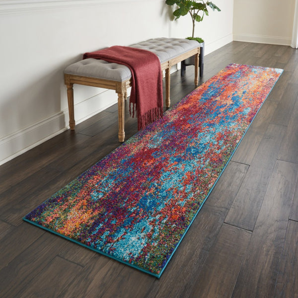 HomeRoots 10' Blue and Orange Abstract Power Loom Runner Rug - Modern Design for Hallways & Entryways Decor 521901