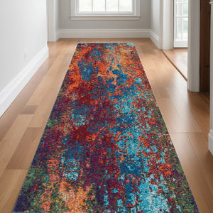 Homeroots 10' Blue And Orange Abstract Power Loom Runner Rug  Polypropylene 521901