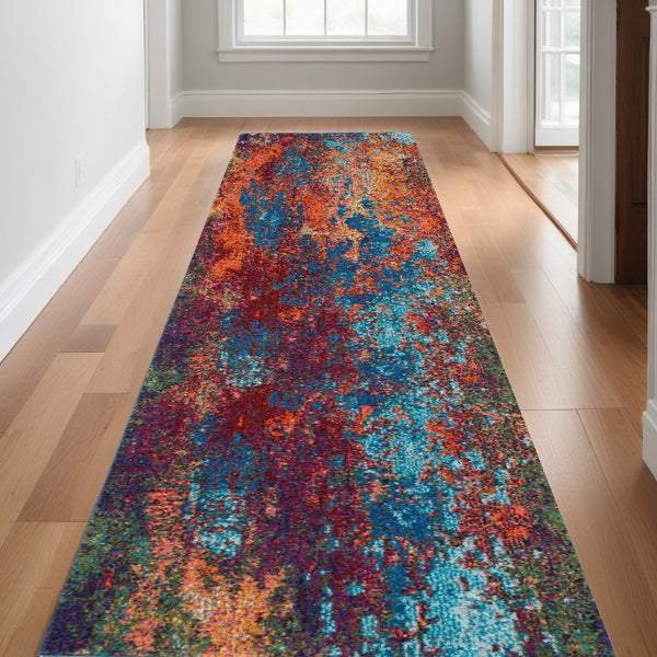 Homeroots 10' Blue And Orange Abstract Power Loom Runner Rug  Polypropylene 521901