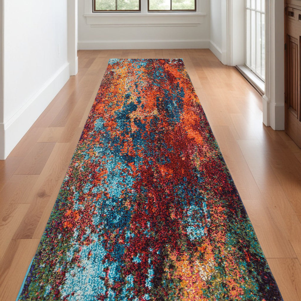 Homeroots 12' Runner Blue And Orange Abstract Power Loom Runner Rug  Polypropylene 521902