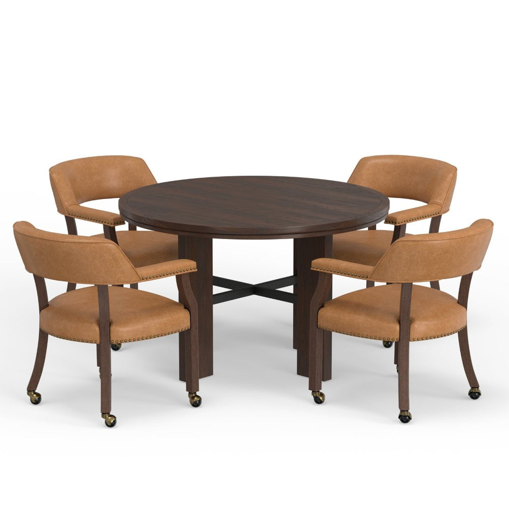 English Elm Gorman Walnut Game Dining Table Set with Faux Leather Nailhead Chairs for 4 B050S00040