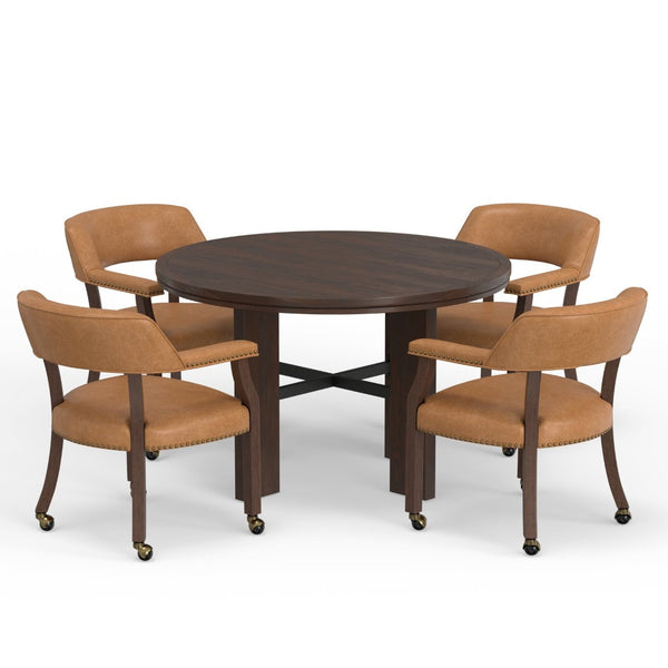 English Elm Gorman Walnut Game Dining Table Set with Faux Leather Nailhead Chairs for 4 B050S00040