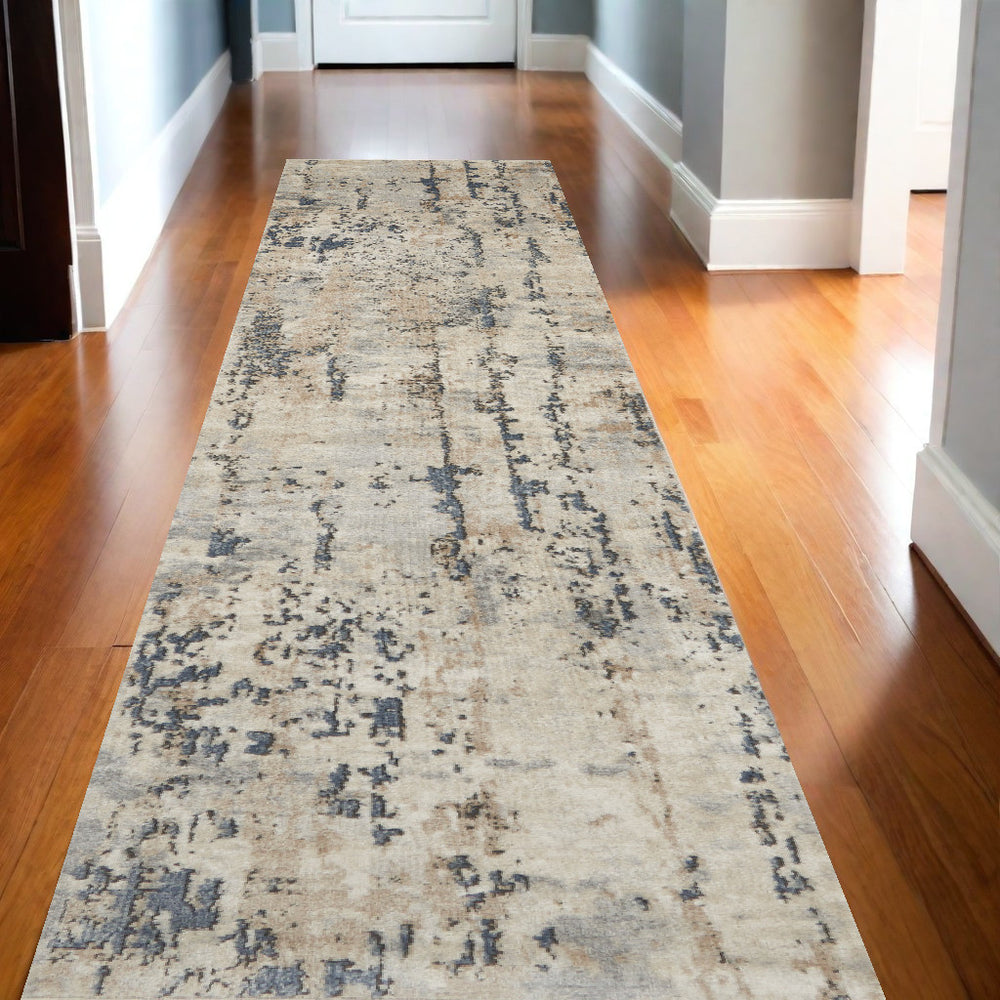 Homeroots 12' Runner Beige And Gray Abstract Power Loom Runner Rug  Polypropylene,Polyester 521906