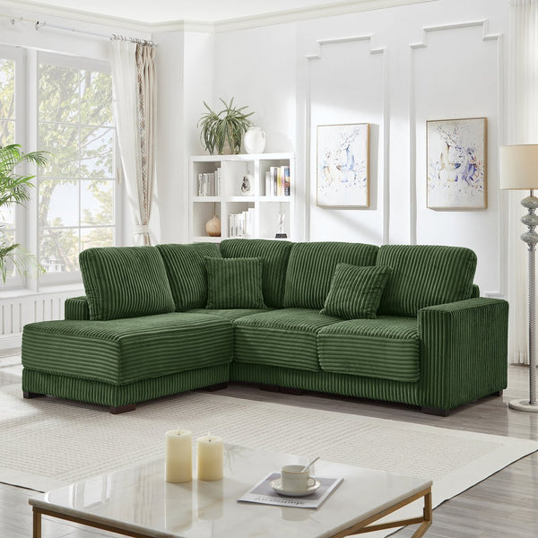 English Elm 93" Sectional Sofa L-Shaped Upholstered Corduroy 3-Seater with Reversible Chaise, Solid Wood Frame, Plush Coil-Foam Cushions Green W1097S00224