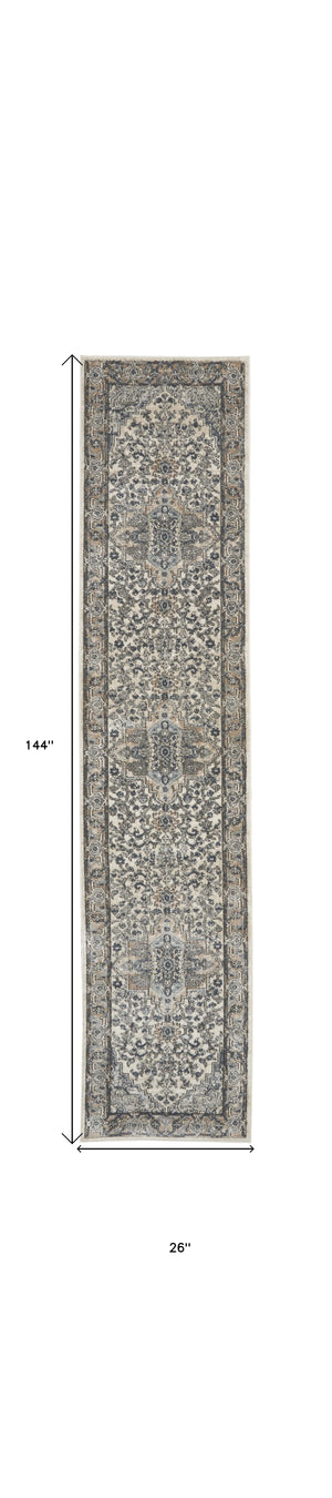 Homeroots 12' Gray And Ivory Medallion Power Loom Runner Rug  Polypropylene,Polyester 521917