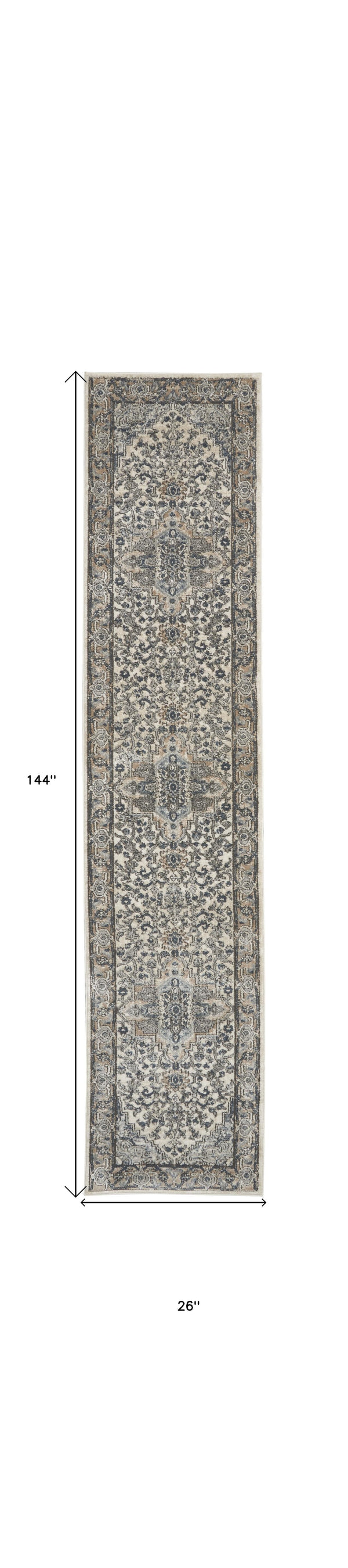 Homeroots 12' Gray And Ivory Medallion Power Loom Runner Rug  Polypropylene,Polyester 521917