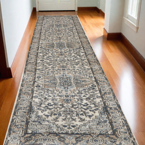 Homeroots 12' Gray And Ivory Medallion Power Loom Runner Rug  Polypropylene,Polyester 521917