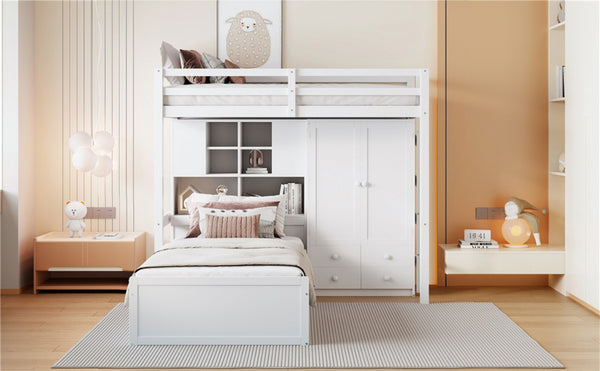 English Elm Twin Bunk Bed with Wardrobe Drawers Hydraulic Lift Shelves Kids Storage White LT000666AAK-1