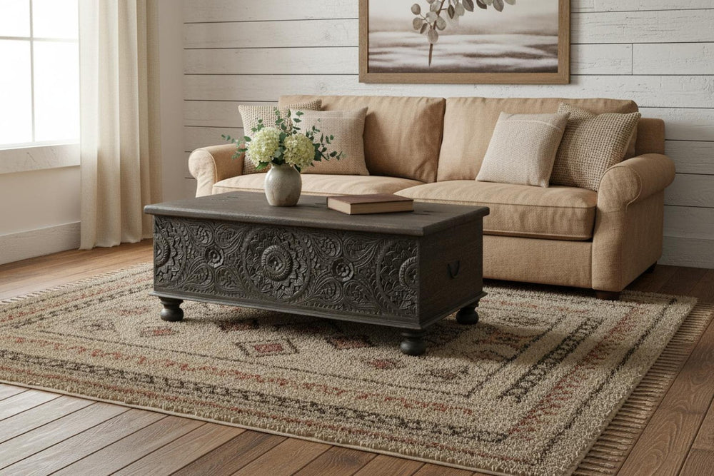 HomeRoots 49" Distressed Black Solid Wood Lift-Top Coffee Table: Rustic Charm Meets Functional Style & Storage 521936