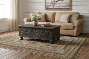 HomeRoots 49" Distressed Black Solid Wood Lift-Top Coffee Table: Rustic Charm Meets Functional Style & Storage 521936
