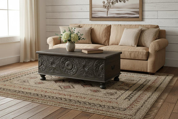 HomeRoots 49" Distressed Black Solid Wood Lift-Top Coffee Table: Rustic Charm Meets Functional Style & Storage 521936