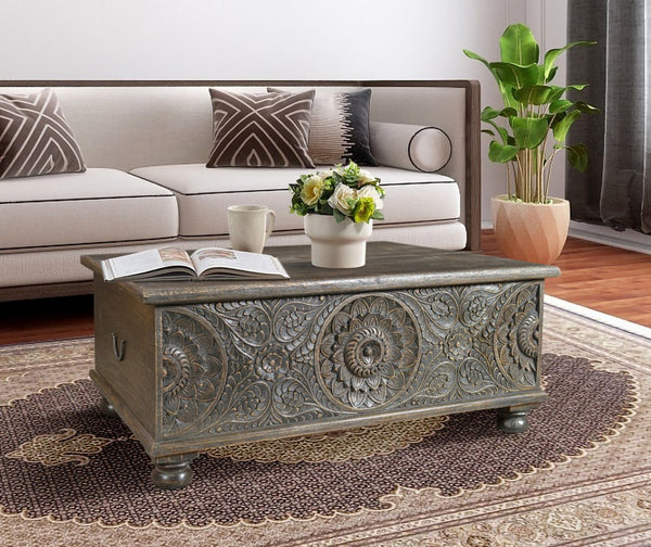 HomeRoots 49" Distressed Black Solid Wood Lift-Top Coffee Table: Rustic Charm Meets Functional Style & Storage 521936