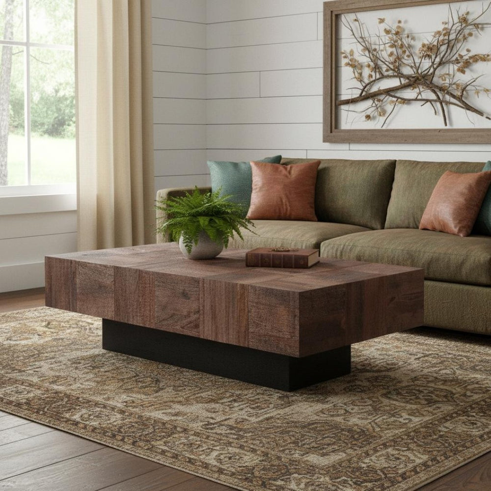 HomeRoots 59" Striking Solid Wood Block Coffee Table in Dark Brown & Black for Modern Living Spaces Elegance 521941