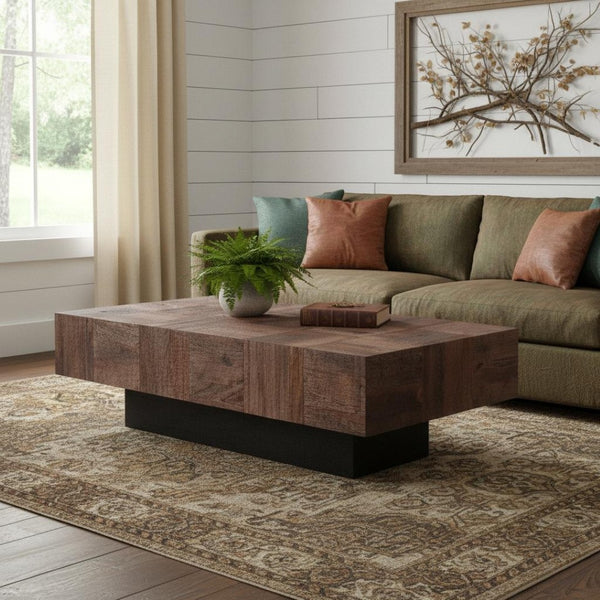 HomeRoots 59" Striking Solid Wood Block Coffee Table in Dark Brown & Black for Modern Living Spaces Elegance 521941