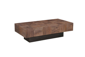 HomeRoots 59" Striking Solid Wood Block Coffee Table in Dark Brown & Black for Modern Living Spaces Elegance 521941
