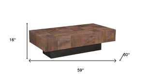 HomeRoots 59" Striking Solid Wood Block Coffee Table in Dark Brown & Black for Modern Living Spaces Elegance 521941