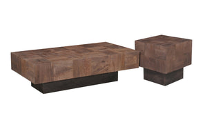 HomeRoots 59" Striking Solid Wood Block Coffee Table in Dark Brown & Black for Modern Living Spaces Elegance 521941