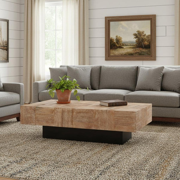 HomeRoots 59" Solid Wood Block Coffee Table - Rustic Chic Design with Natural Finish & Black Base for Versatility 521942