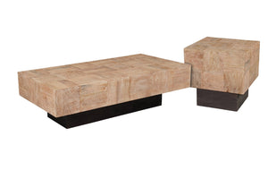 HomeRoots 59" Solid Wood Block Coffee Table - Rustic Chic Design with Natural Finish & Black Base for Versatility 521942