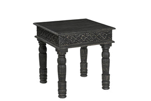 HomeRoots 24" Black Distressed Solid Wood Square End Table - Rustic Charm with Carved Details for Versatile Use 521951