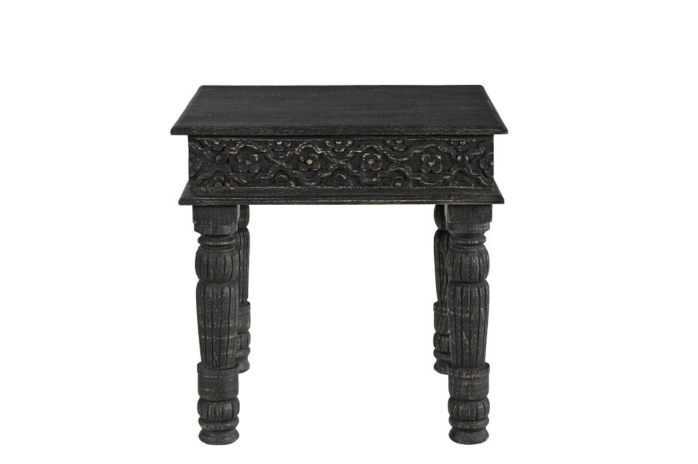 HomeRoots 24" Black Distressed Solid Wood Square End Table - Rustic Charm with Carved Details for Versatile Use 521951