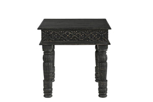 HomeRoots 24" Black Distressed Solid Wood Square End Table - Rustic Charm with Carved Details for Versatile Use 521951