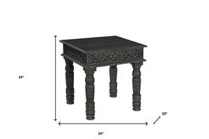 HomeRoots 24" Black Distressed Solid Wood Square End Table - Rustic Charm with Carved Details for Versatile Use 521951