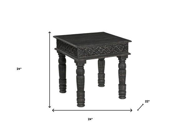HomeRoots 24" Black Distressed Solid Wood Square End Table - Rustic Charm with Carved Details for Versatile Use 521951