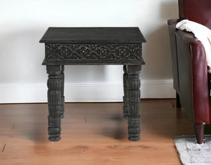 HomeRoots 24" Black Distressed Solid Wood Square End Table - Rustic Charm with Carved Details for Versatile Use 521951