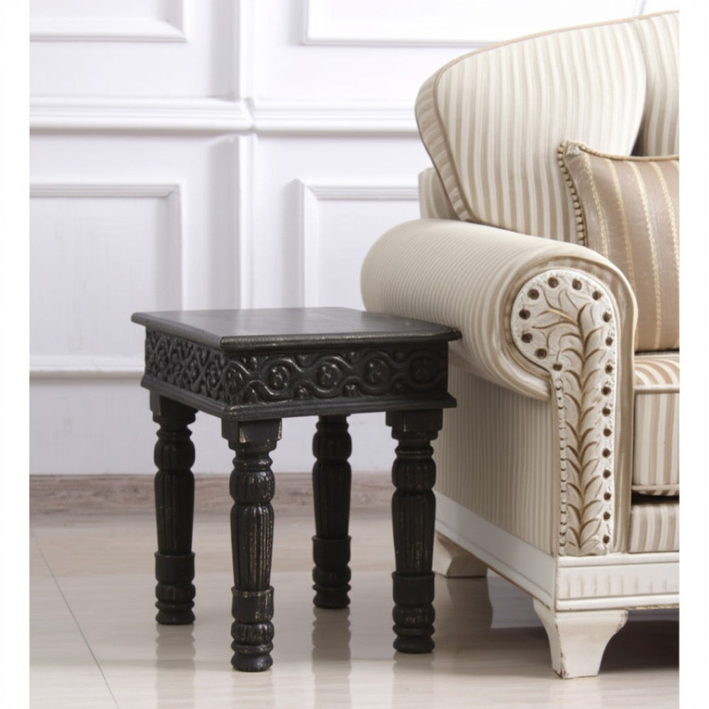 HomeRoots 24" Black Distressed Solid Wood Square End Table - Rustic Charm with Carved Details for Versatile Use 521951